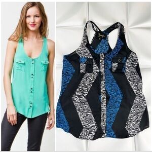 Yumi Kim Sz XS Black Blue Chevron Print Racerback Henley Tank Top Blouse